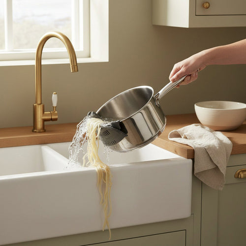 Pasta water tipping out of a saucepan over a kitchen sink