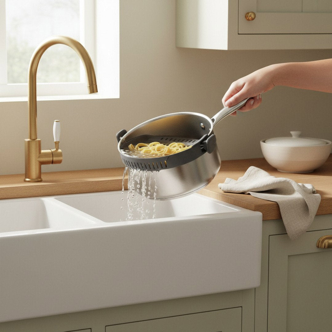 SwiftFix Silicone Clip Strainer clipped to a saucepan draining pasta water cleanly
