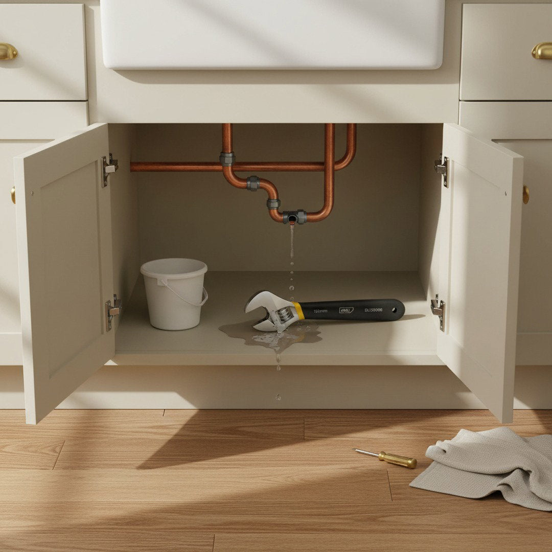 Loose copper pipe dripping water inside an under-sink kitchen cabinet
