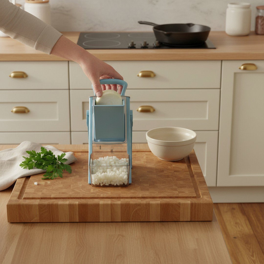 Hand pressing the SwiftFix Vegetable Chopper Dicer to dice an onion uniformly