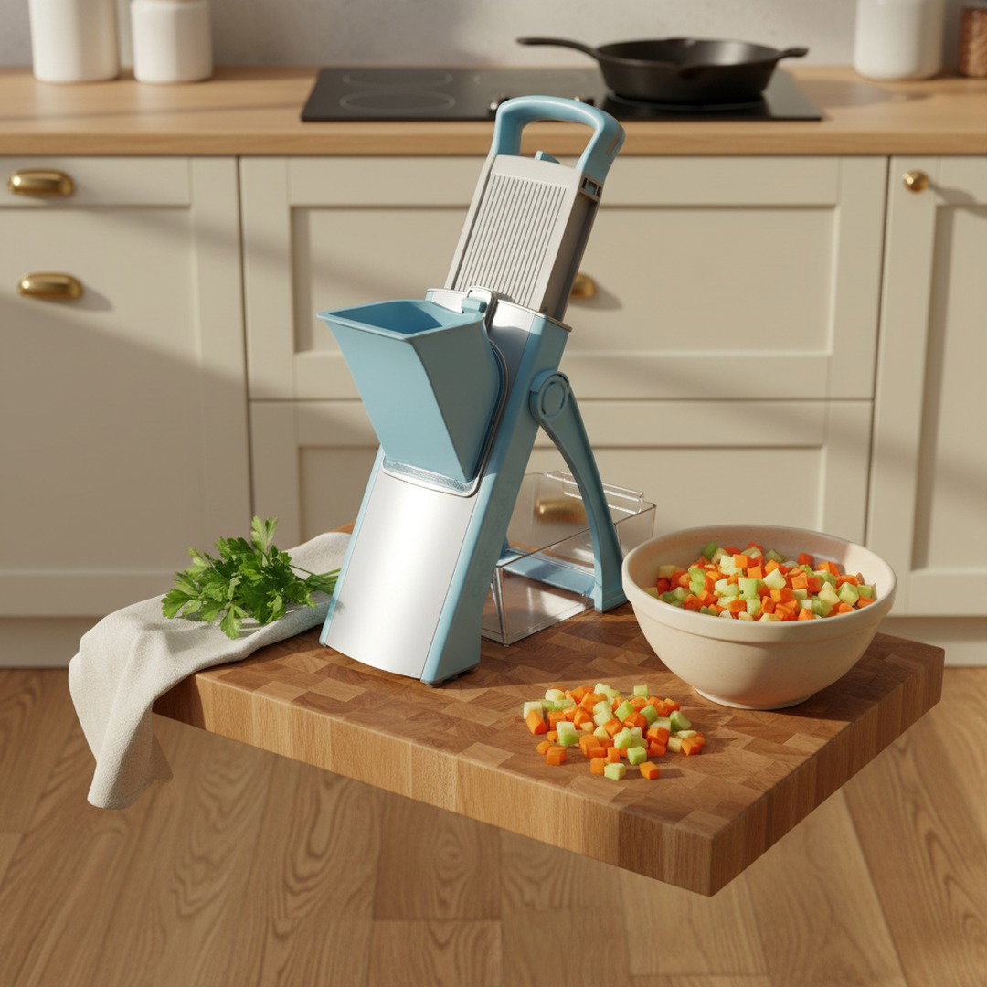 Ceramic bowl of perfectly diced vegetables beside the SwiftFix Chopper Dicer