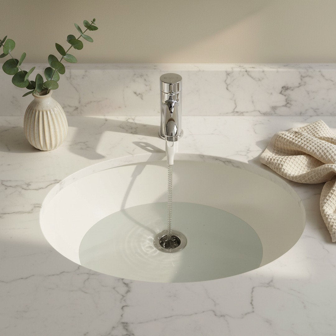 SwiftFix Flexible Drain Hair Remover lifted from a sink drain with hair on its teeth