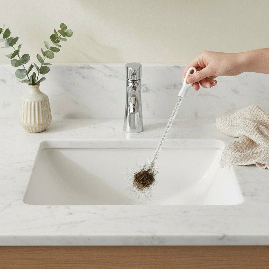 Clean bathroom sink draining freely after using the SwiftFix Flexible Drain Hair Remover