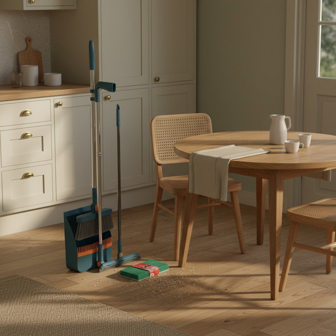 Crumbs and dust scattered on an oak kitchen floor