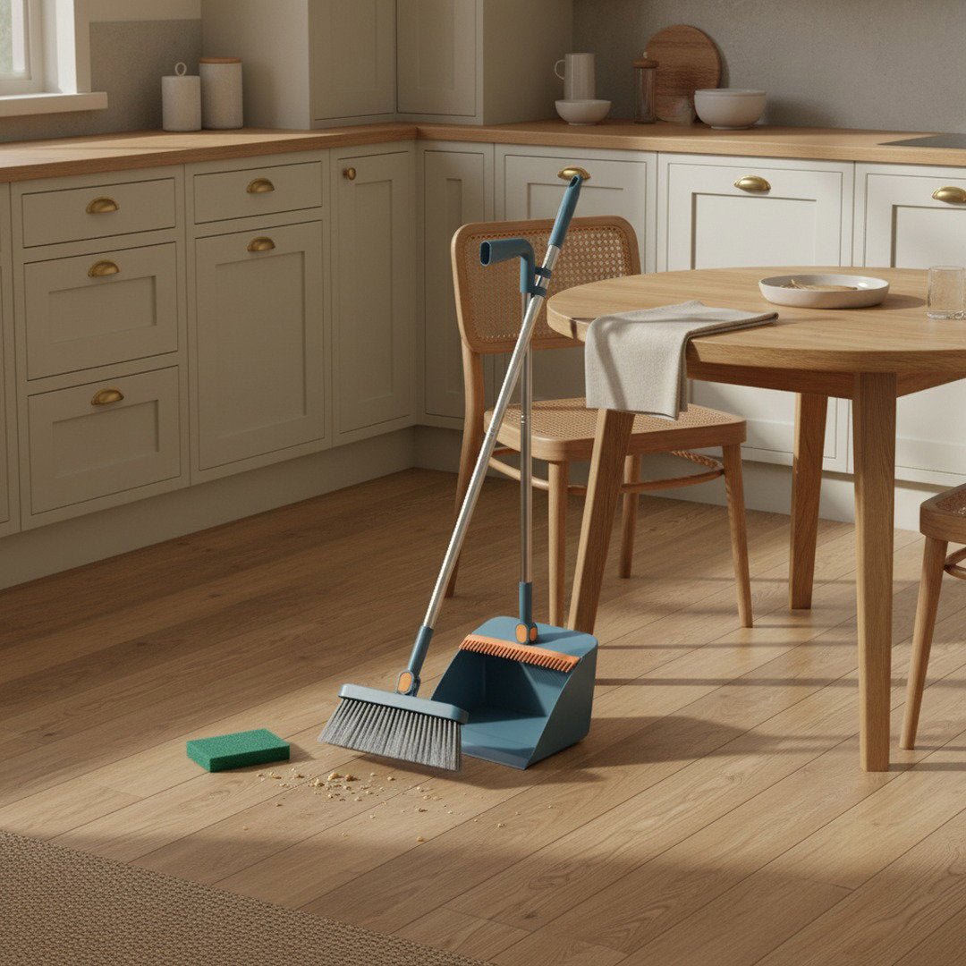 SwiftFix Foldable Broom sweeping crumbs into the matching dustpan