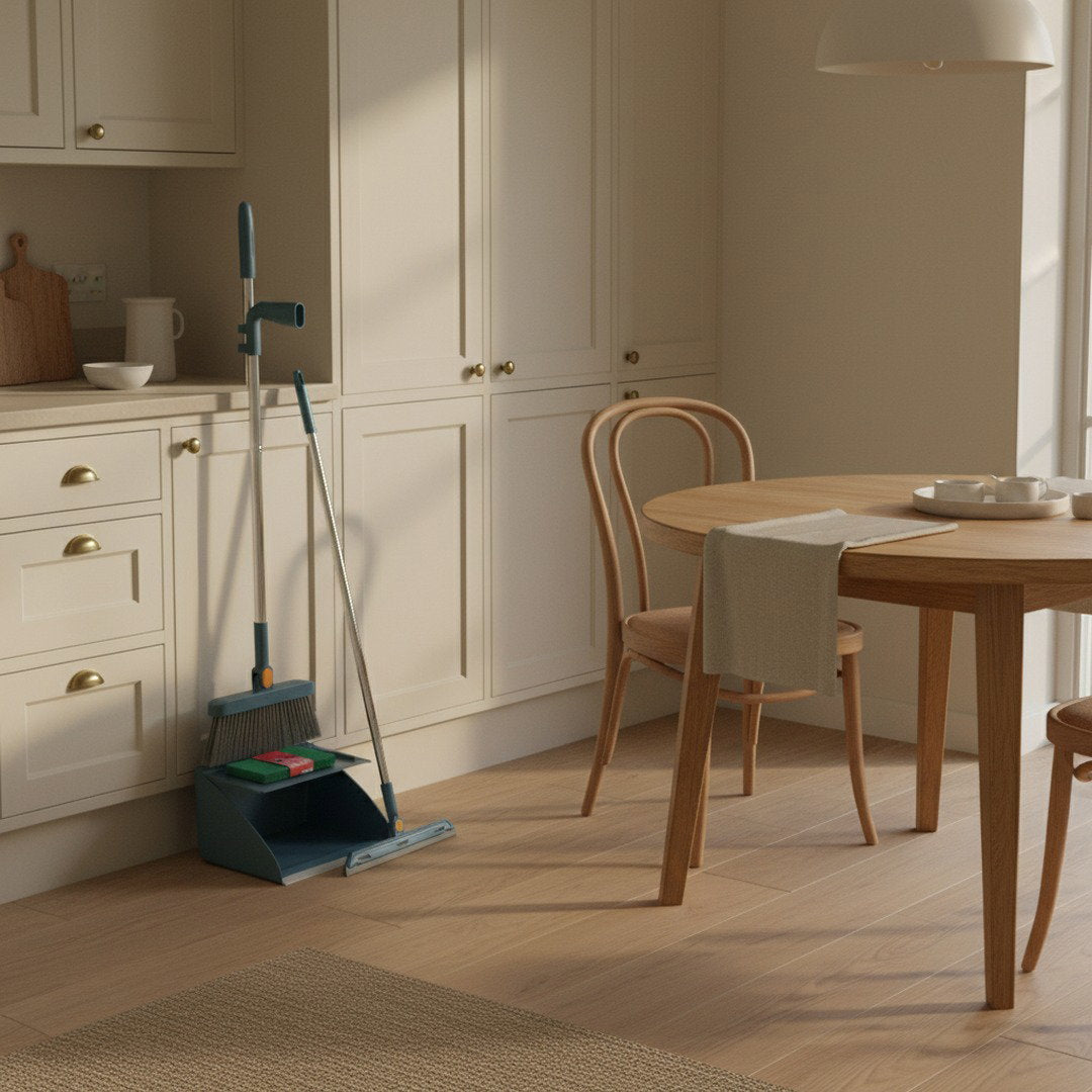Clean oak kitchen floor with the SwiftFix Foldable Broom and Dustpan set folded neatly