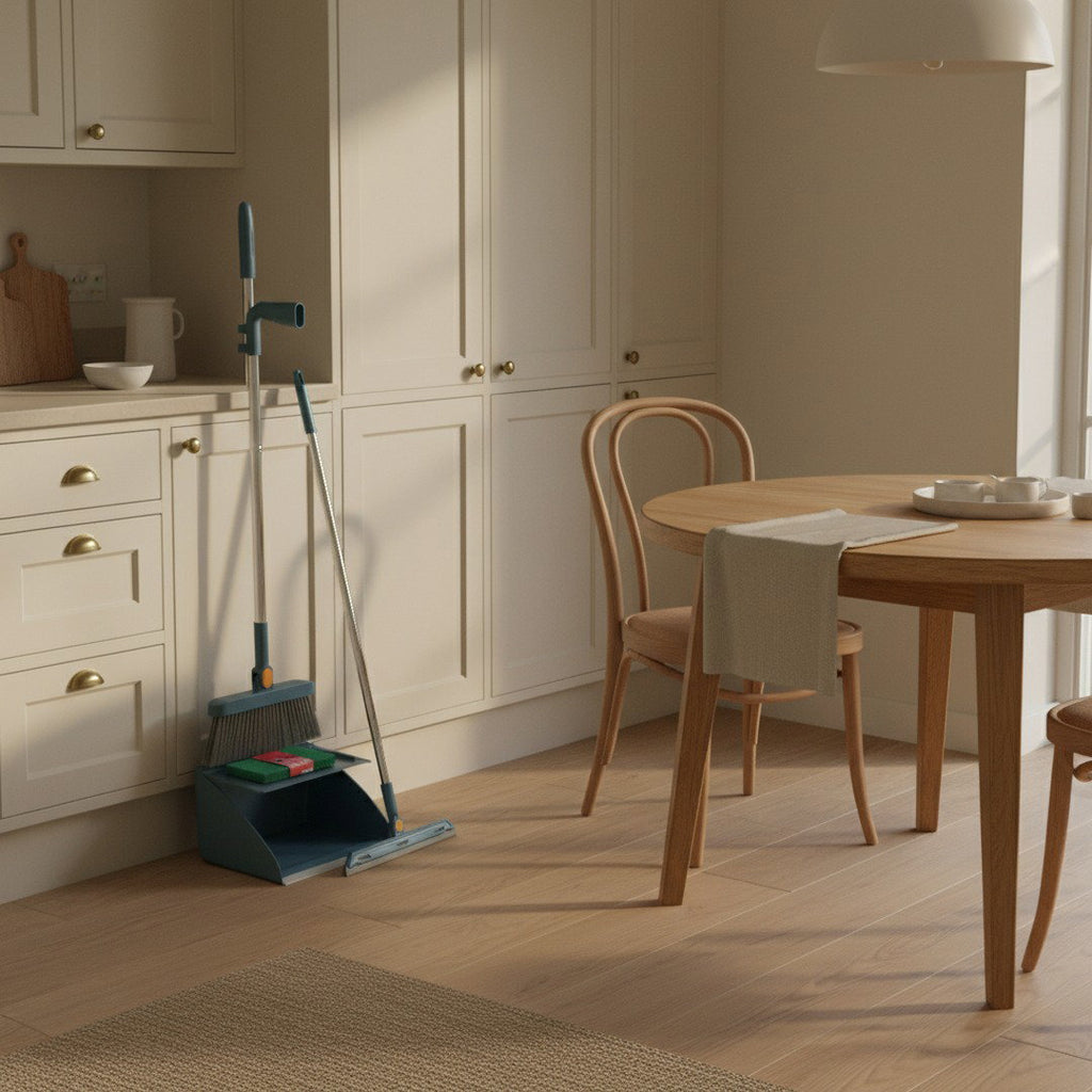 Clean oak kitchen floor with the SwiftFix Foldable Broom and Dustpan set folded neatly
