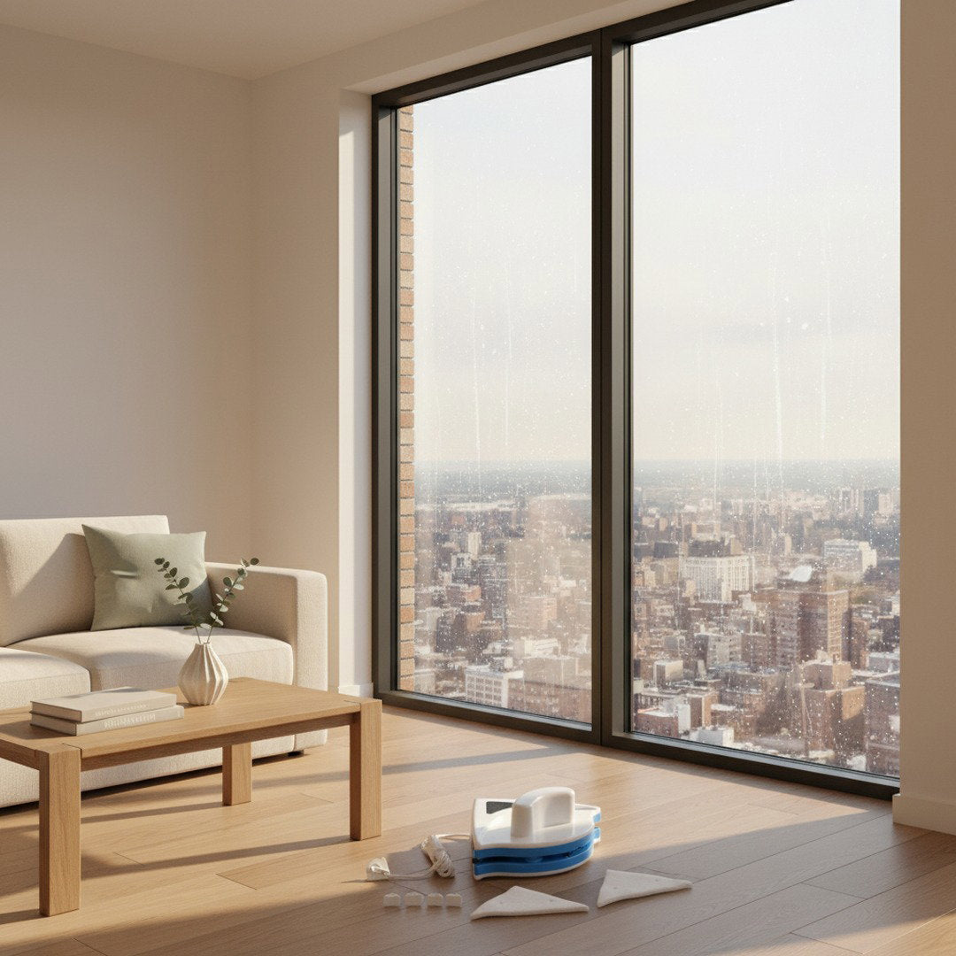 Dirty high-rise apartment window covered in rain spots obscuring the city view