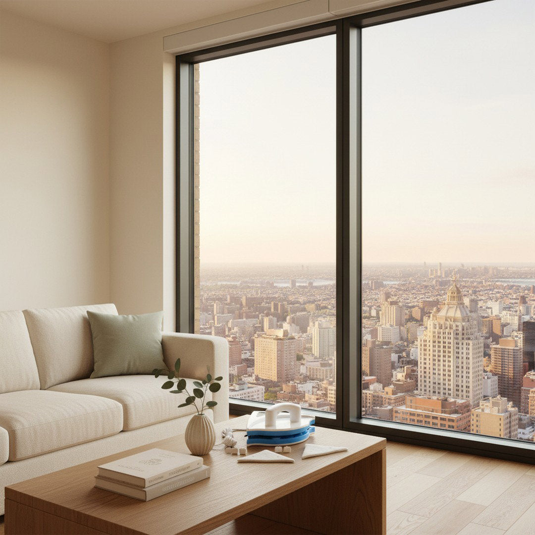 SwiftFix Magnetic Double-Sided Window Cleaner pressed against a tall apartment window