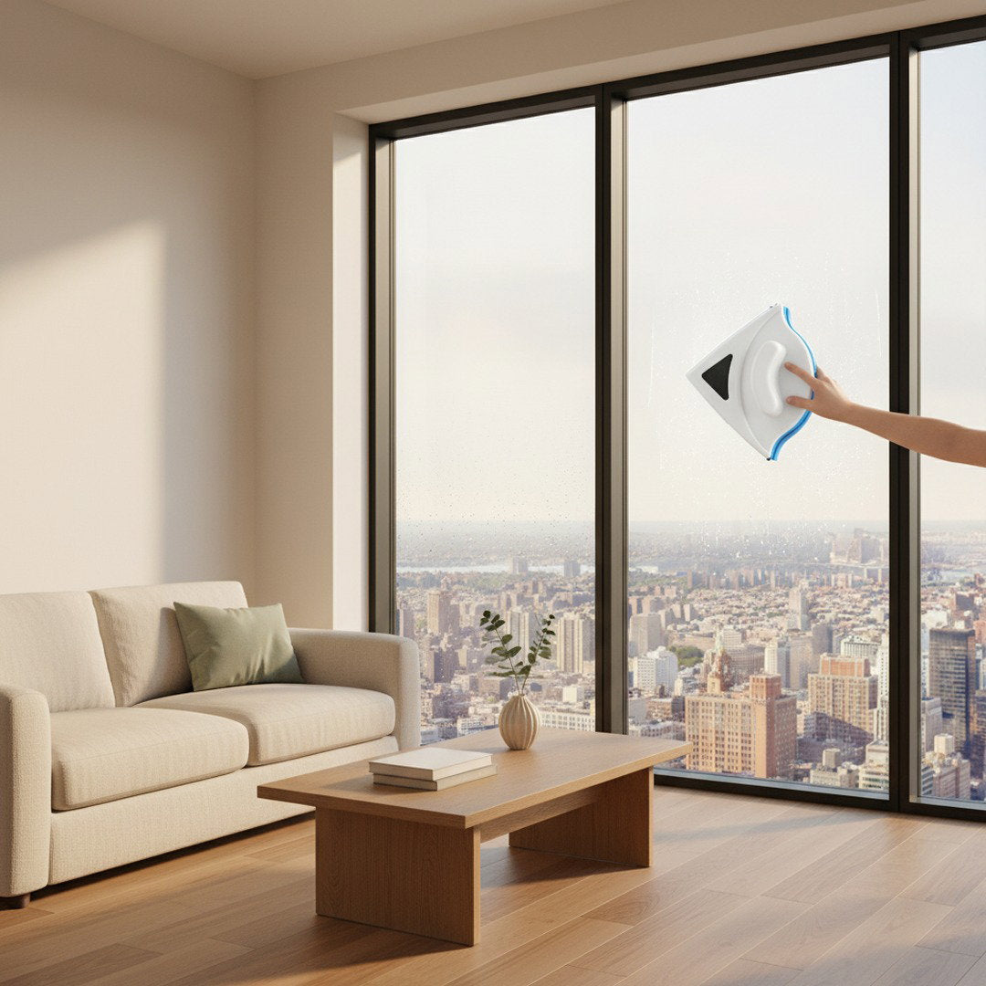 Crystal-clear high-rise window with the SwiftFix Magnetic Window Cleaner on the sill