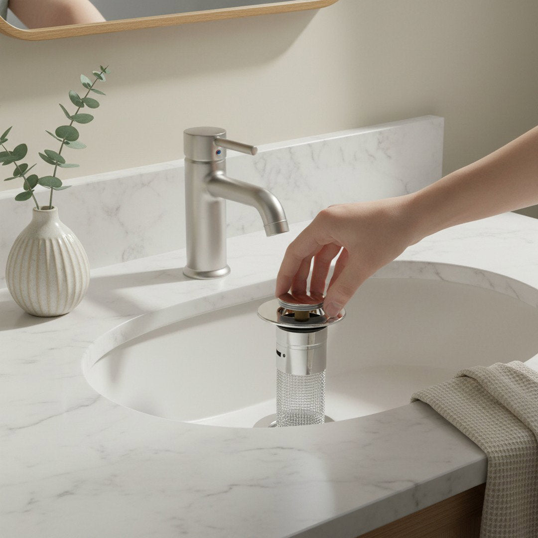 Hand fitting the SwiftFix Pop-Up Sink Hair Strainer into a bathroom drain