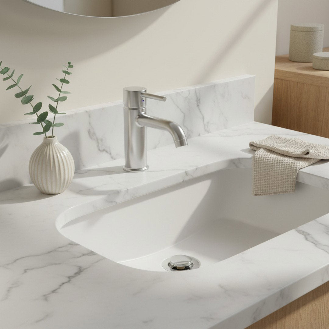 Clean white bathroom sink with the SwiftFix Pop-Up Hair Strainer in place