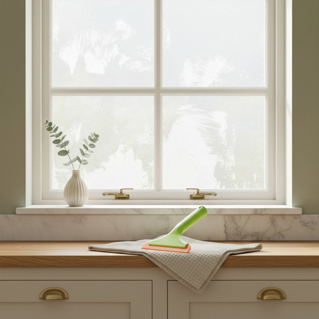 Streaky kitchen window covered in water spots and smears