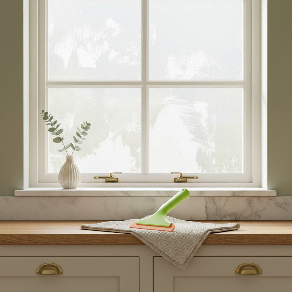 Streaky kitchen window covered in water spots and smears