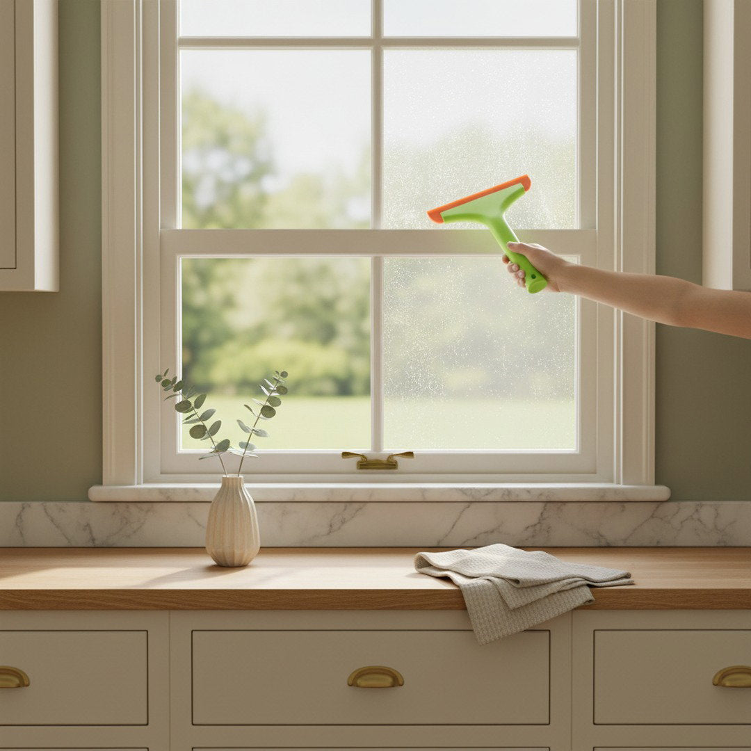 Hand pulling the SwiftFix Rubber Blade Squeegee down a kitchen window in one clean stroke