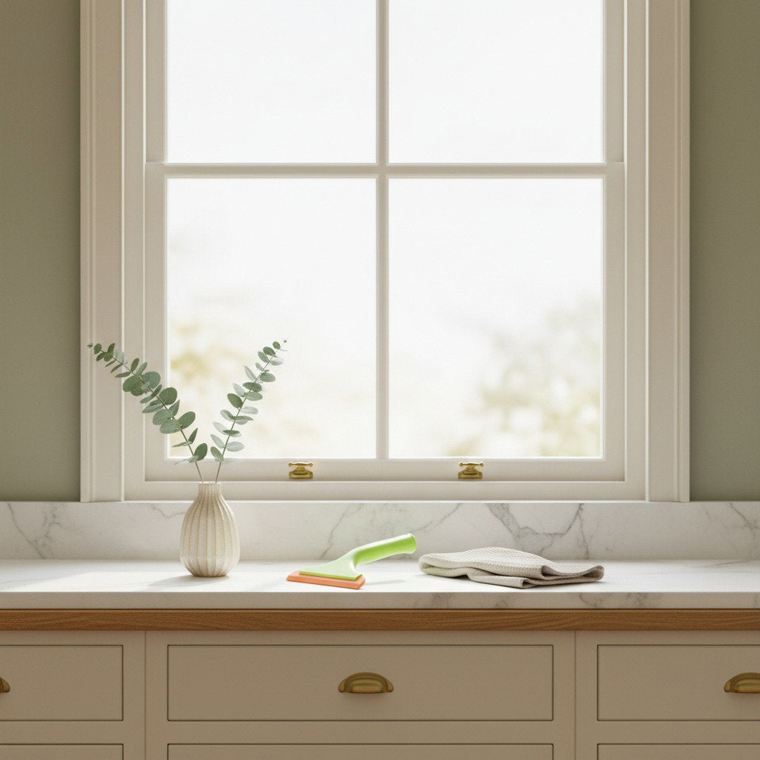 Crystal-clear kitchen window with the SwiftFix Squeegee resting on the marble sill