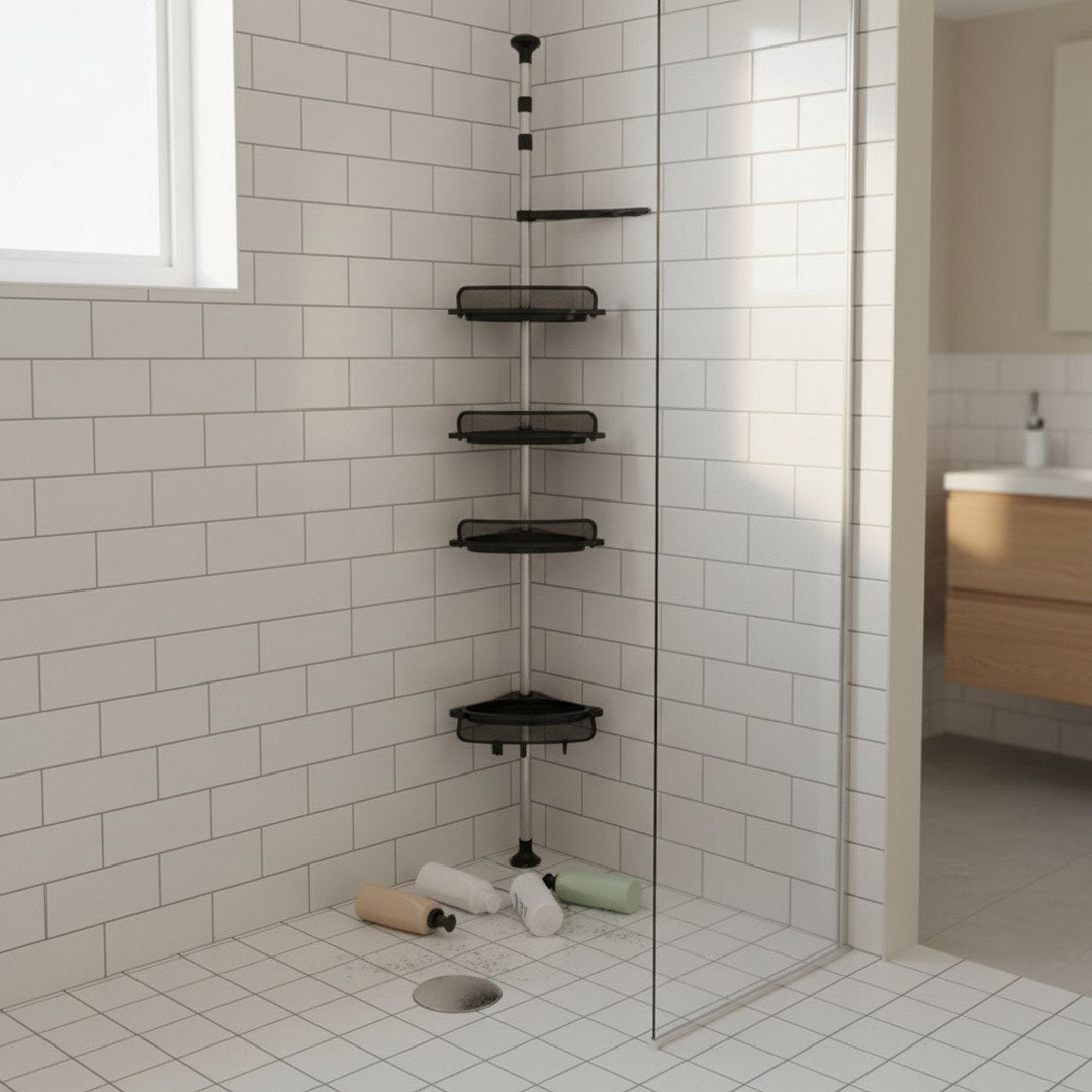 Scattered shower bottles in a corner without proper organisation