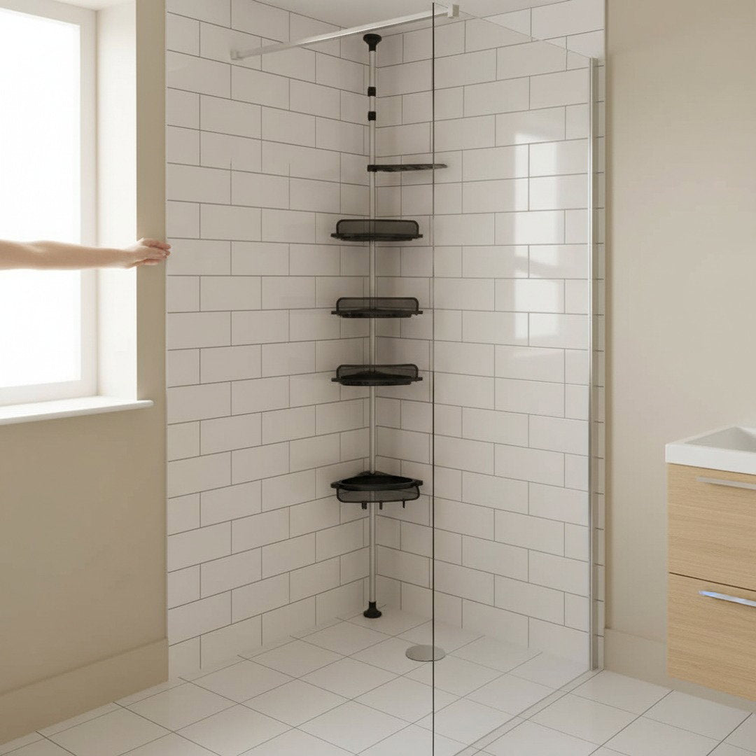Hand installing the SwiftFix Telescopic Corner Shower Rack into a shower corner