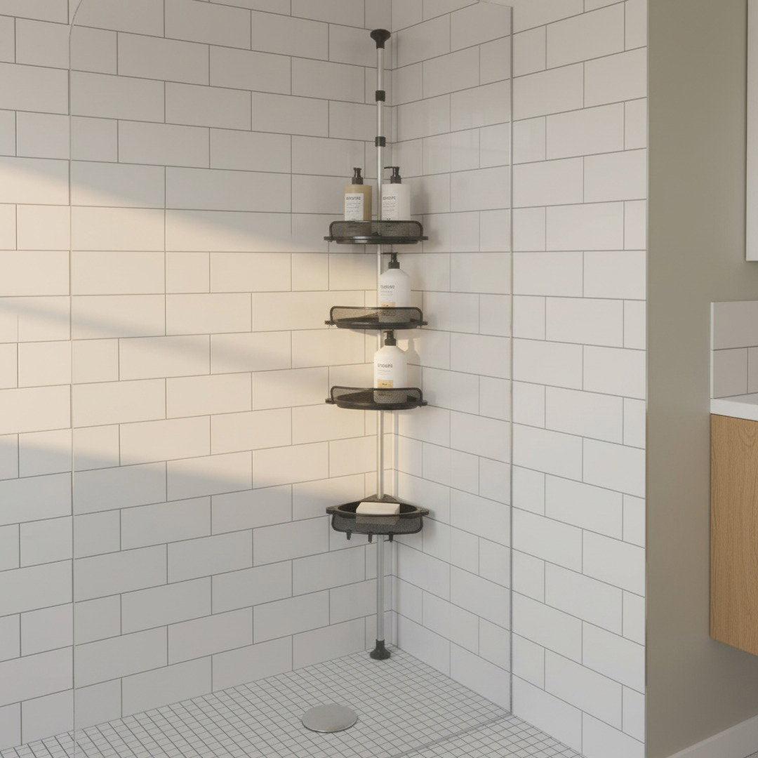 Organised four-tier SwiftFix Corner Shower Rack holding shampoo and toiletries