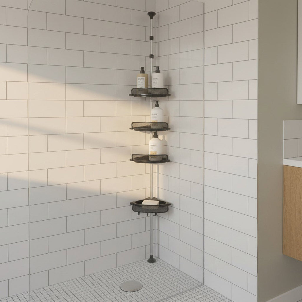 Organised four-tier SwiftFix Corner Shower Rack holding shampoo and toiletries