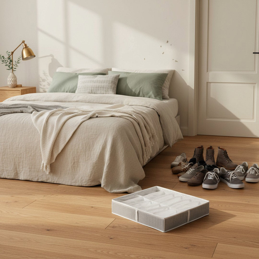 Pile of mismatched shoes scattered on a bedroom floor