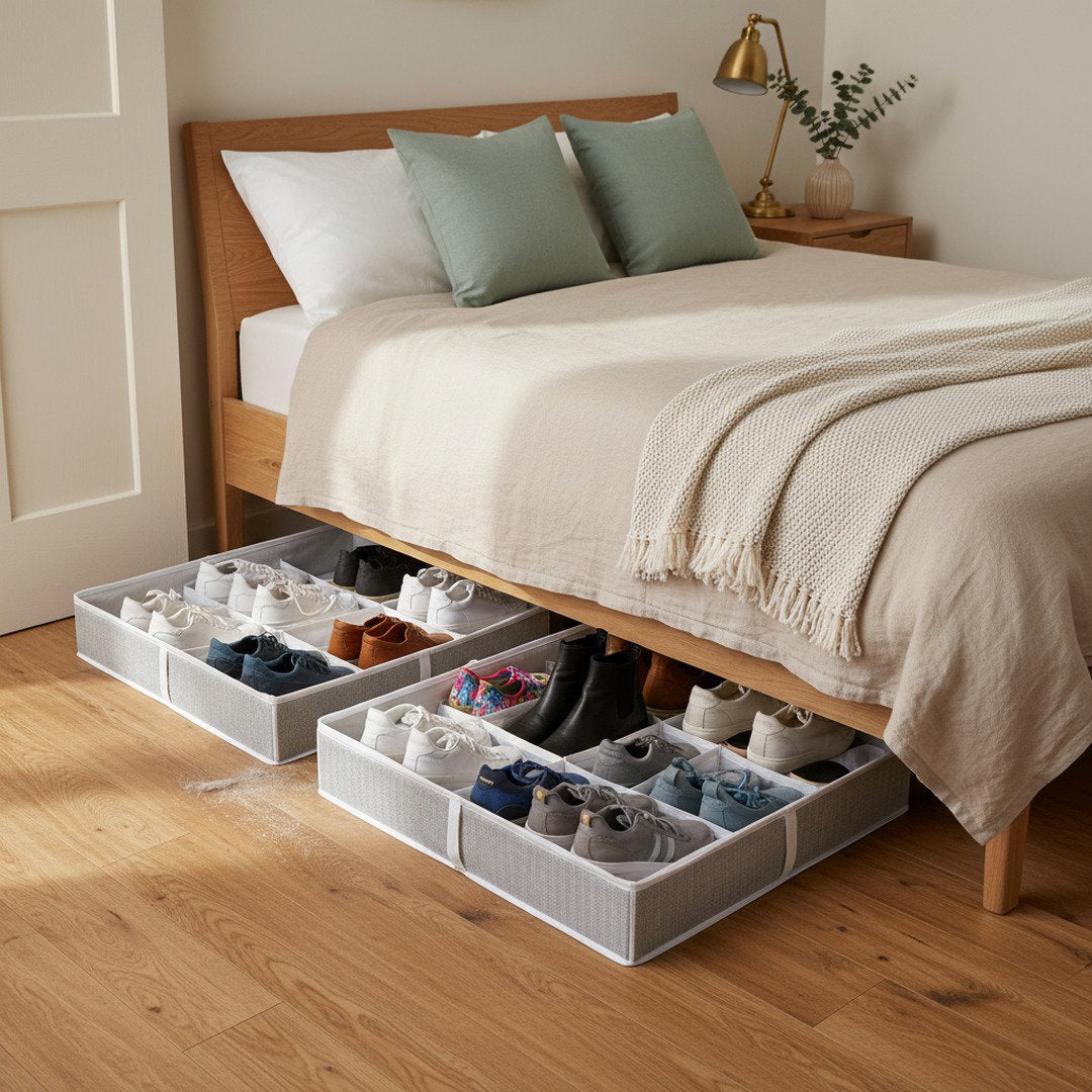 SwiftFix Underbed Shoe Storage Organizer pulled out showing 12 shoe compartments