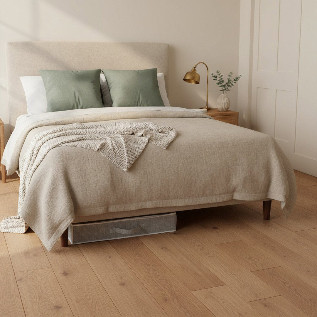 Tidy bedroom with the SwiftFix Underbed Shoe Organizer tucked beneath the bed